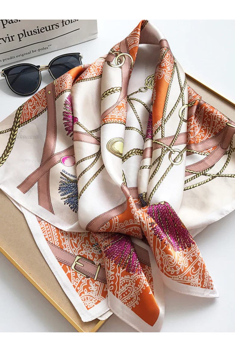 Pure Mulberry Silk Printed Square Shawl Scarf, Alternate, color, Orange