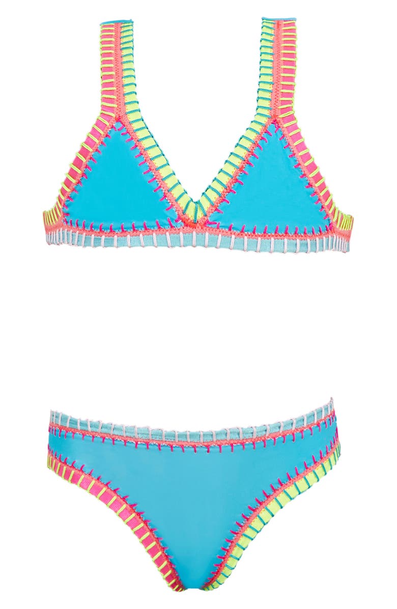 PQ SWIM Kids' Rainbow Embroidered Two-Piece Swimsuit, Main, color, Turquoise