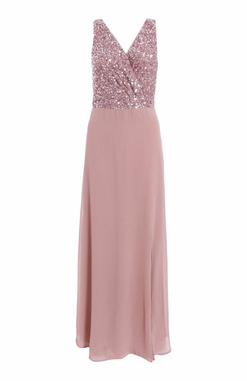 Quiz Chiffon Embellished Wrap Maxi Dress In Pink