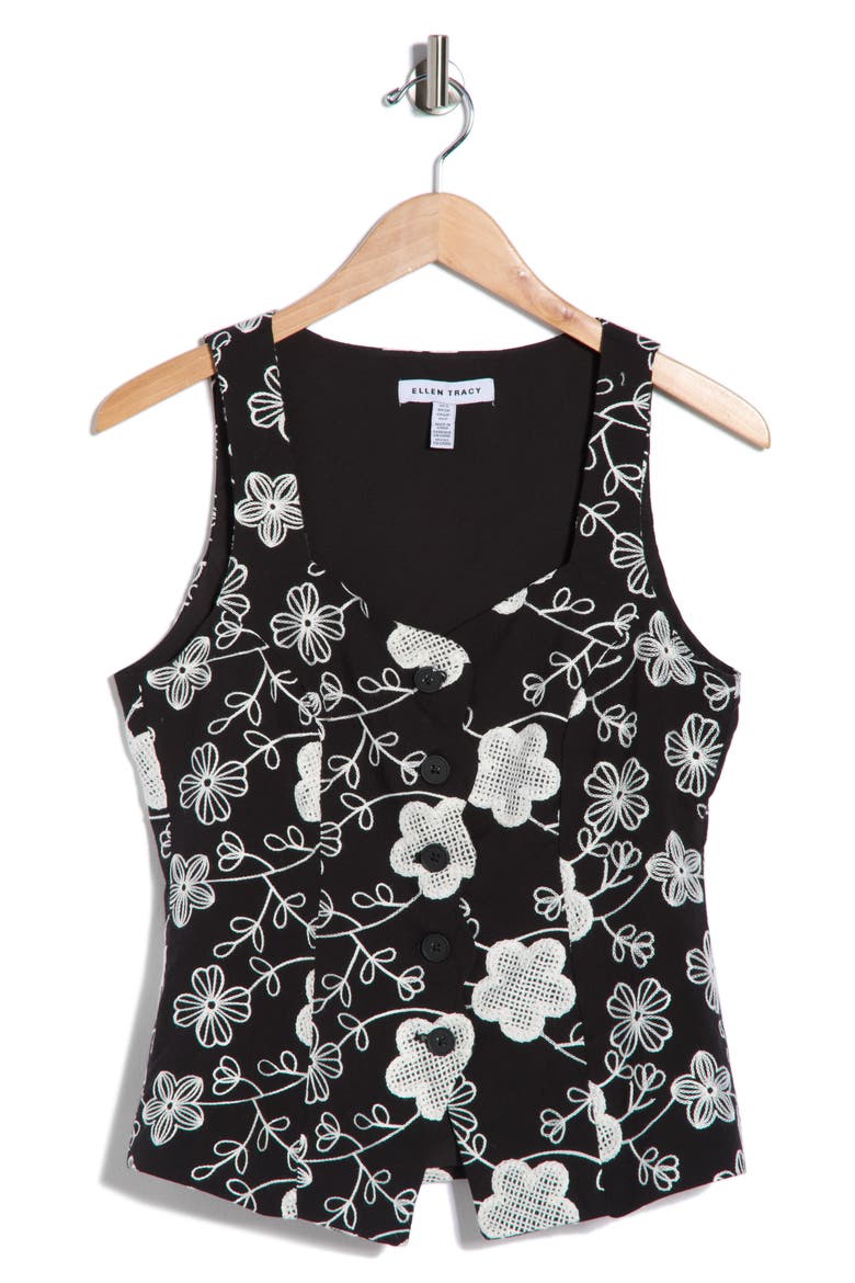 Floral Embroidery Vest, Alternate, color, BLACK MARSHMALLOW LEAF