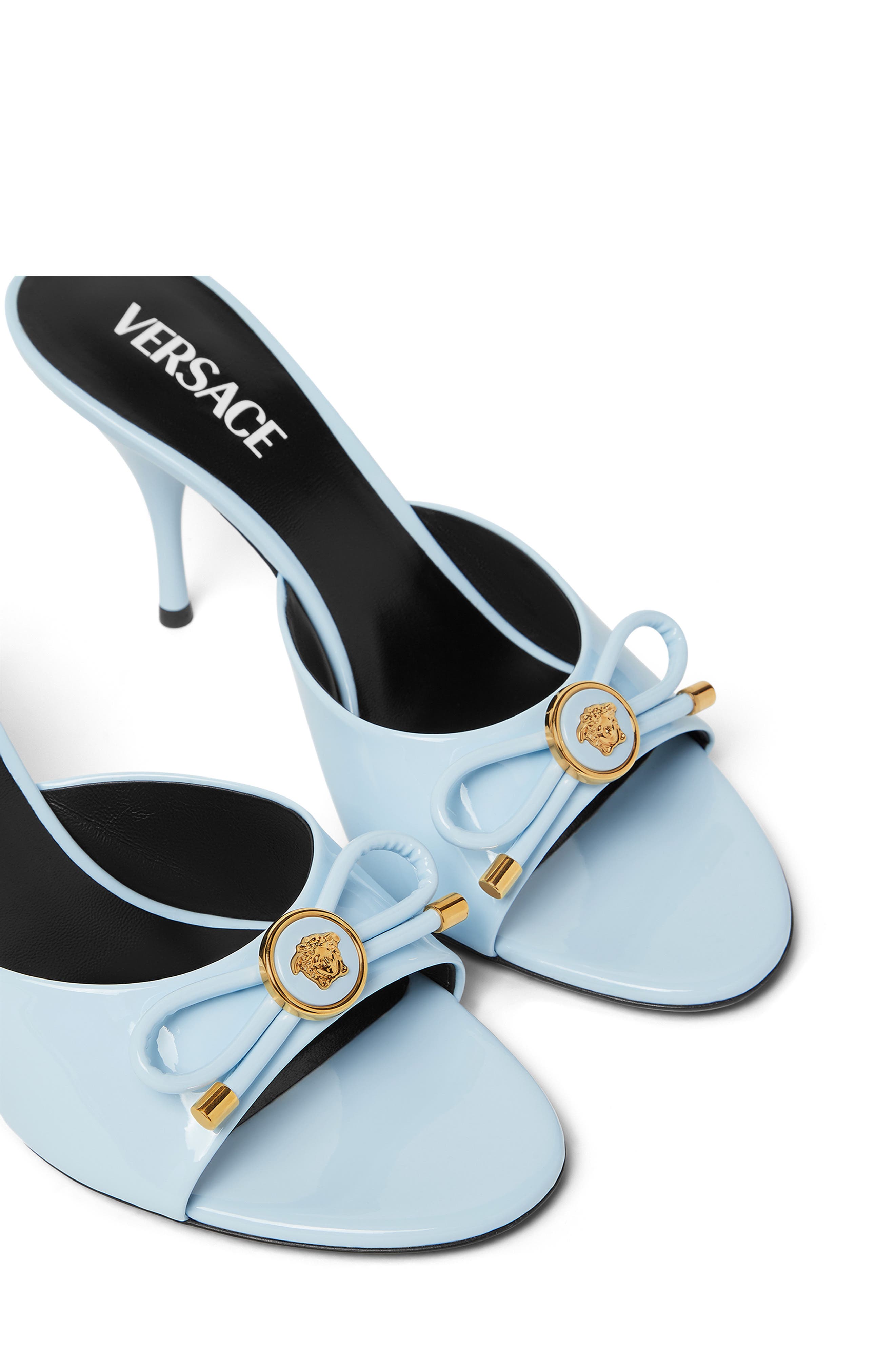 Versace Opera Bow Slide Sandal, Alternate, color, Pastel Blue Gold