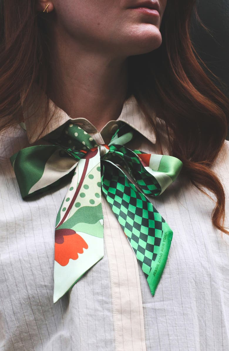 Jessie Zhao New York Silk Skinny Scarf of Green Wonderland, Alternate, color,