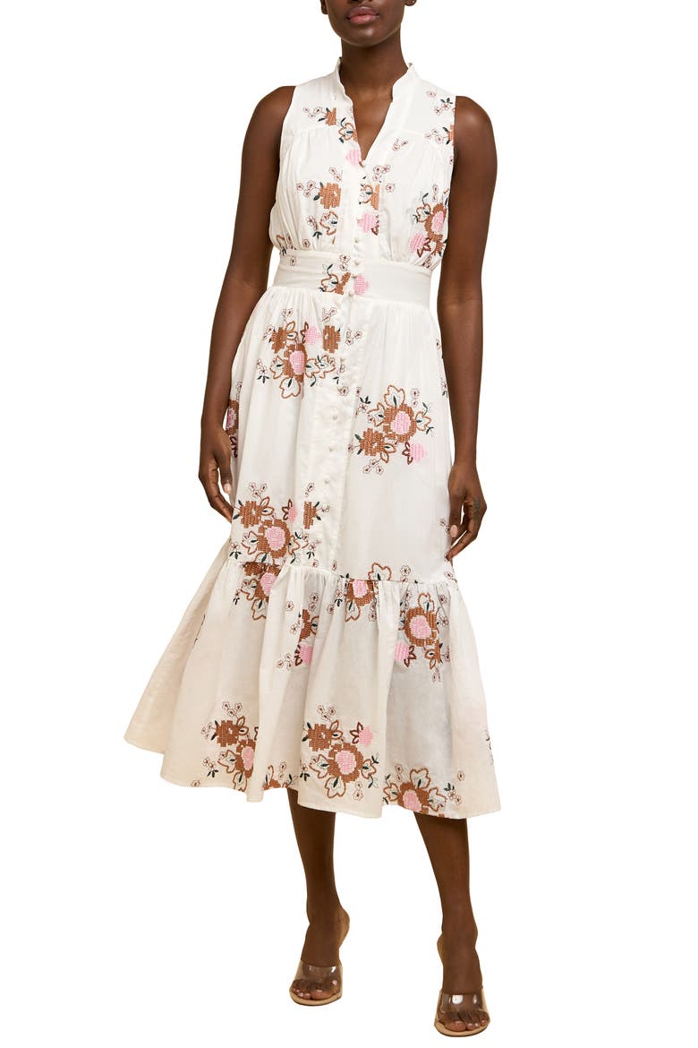 Andira Floral Embroidery Cotton Midi Dress, Main, color, WHITE