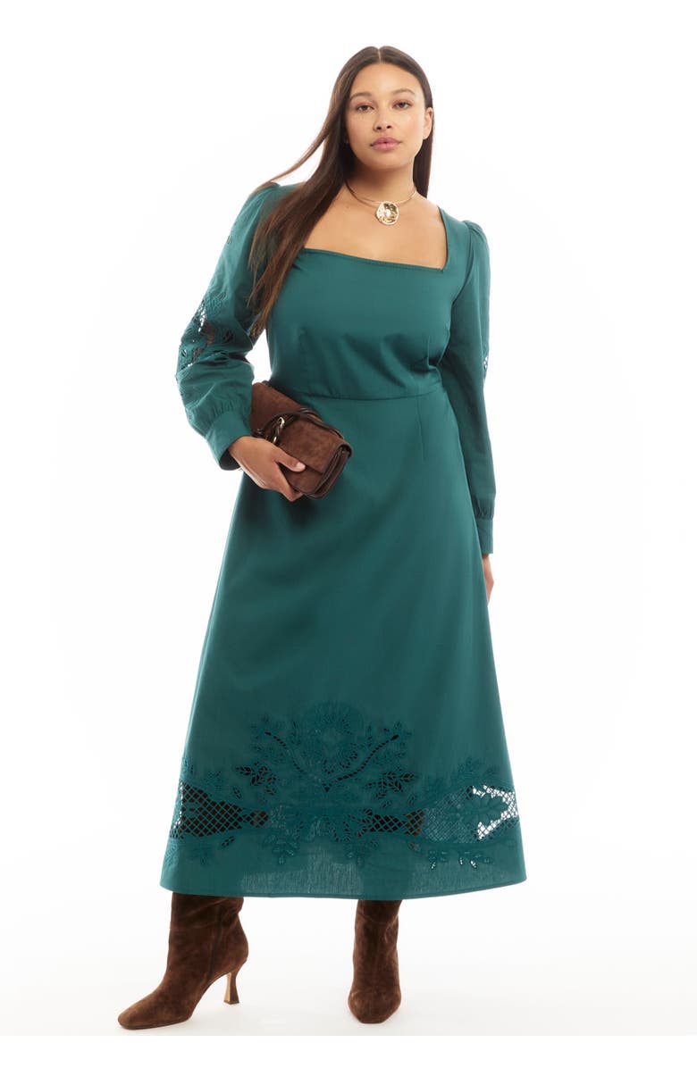 June + Vie Puff Sleeve Poplin Midi Dress, Main, color, Green Heron