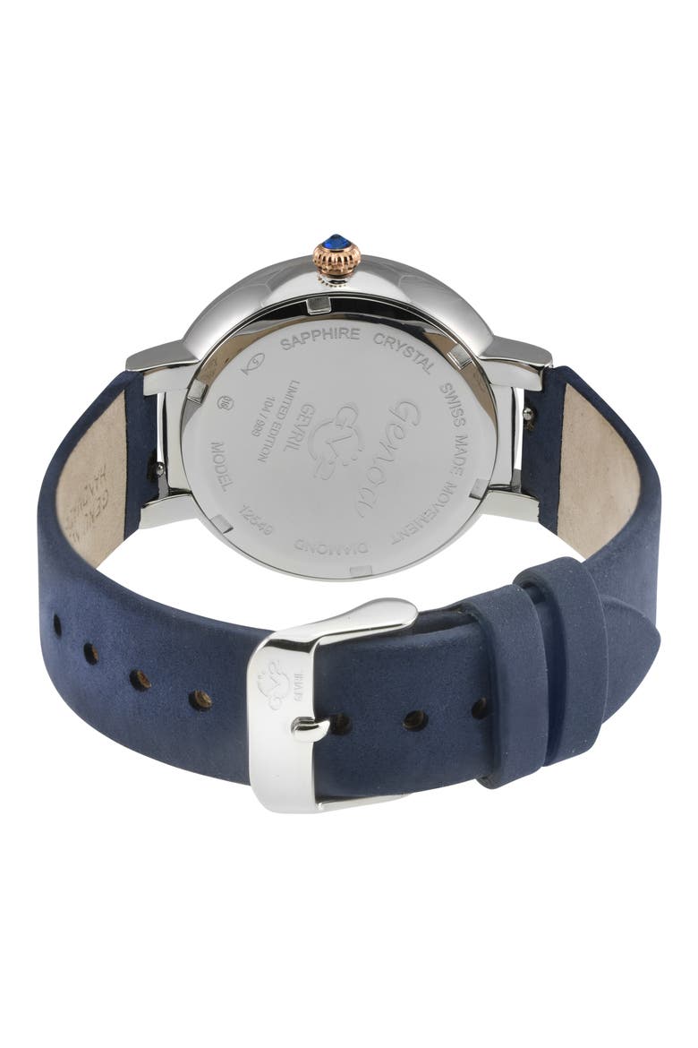 Genoa Diamond Embellished Leather Strap Watch, 37mm, Alternate, color, BLUE