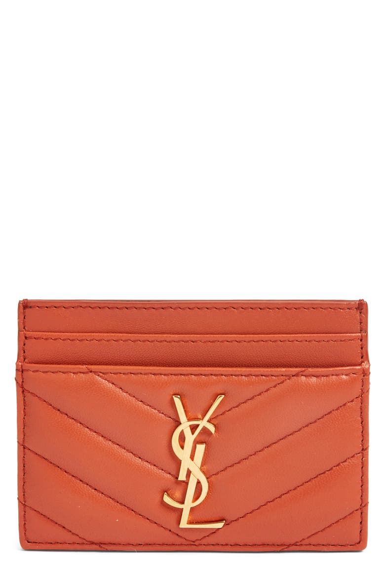 Cassandra Matelassé Leather Card Case, Main, color, DARK MANDARIN