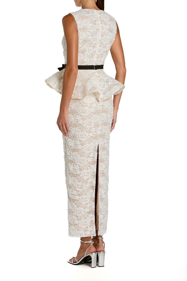 Sleeveless Lace Peplum Top Column Gown With Bow, Alternate, color, Ivory Nude
