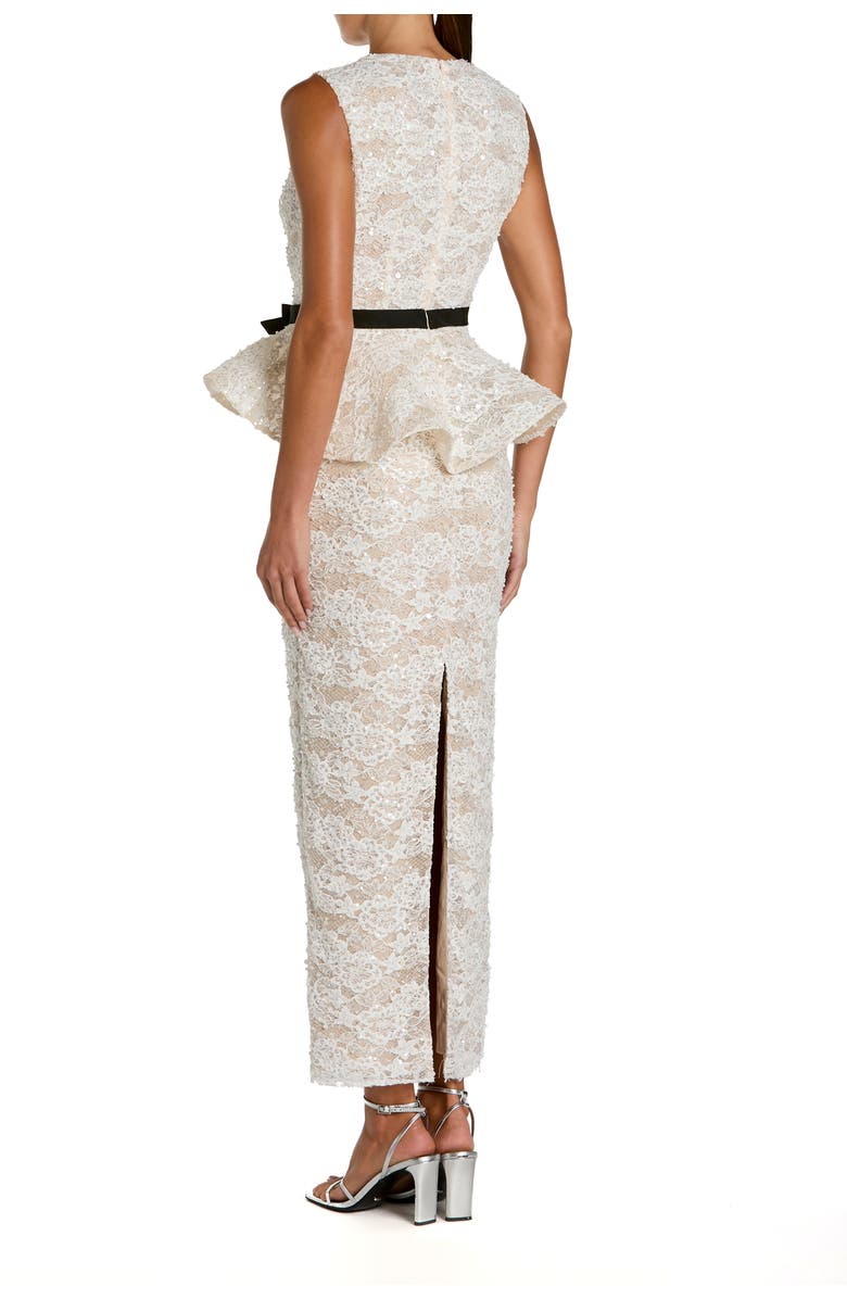 Mac Duggal Sleeveless Lace Peplum Top Column Gown With Bow, Alternate, color, Ivory Nude