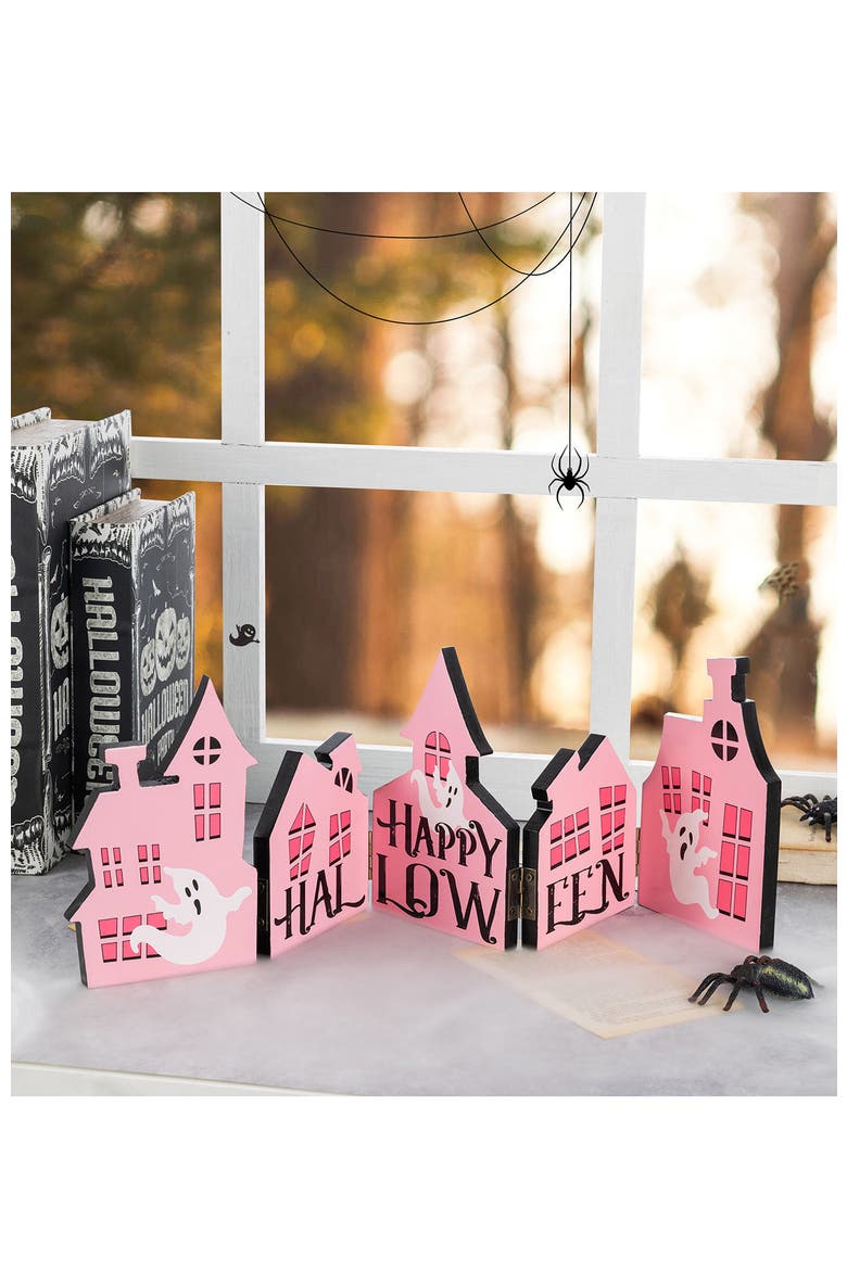 Halloween Wooden Hinged Haunted House Table Decor, Alternate, color, Pink