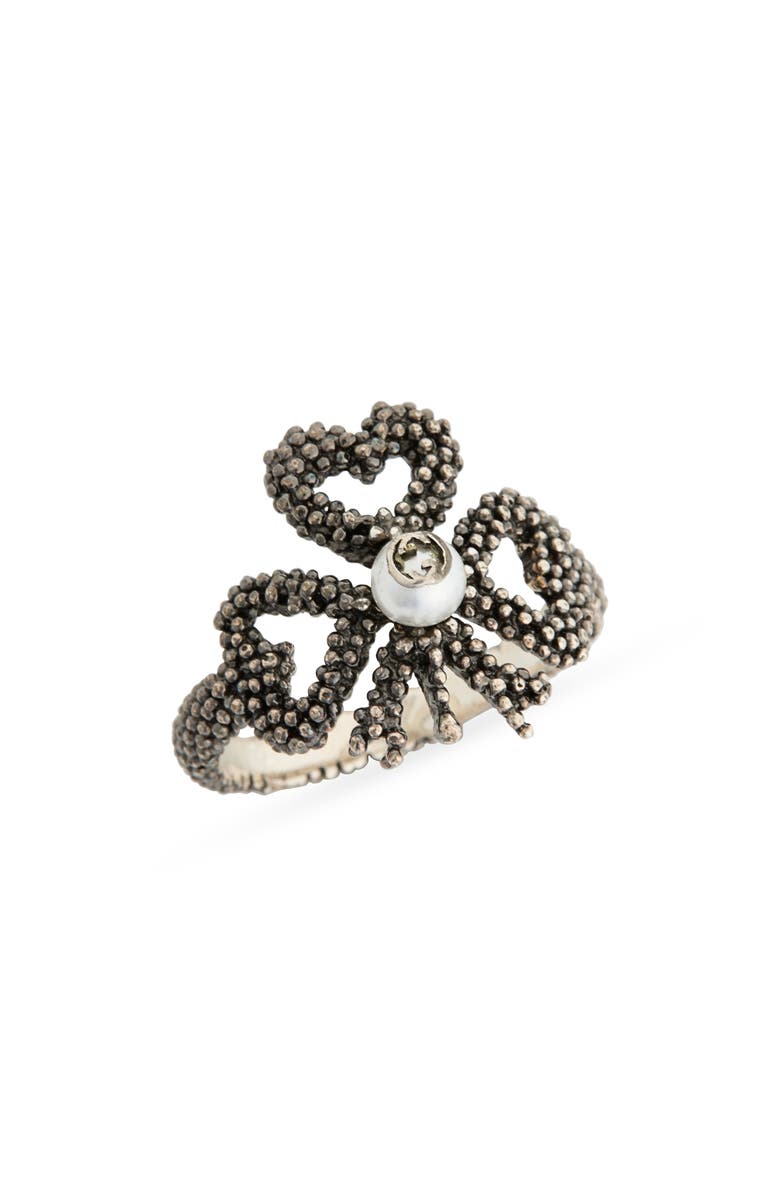 Gucci Beaded Aureco Clover & Interlocking-G Faux Pearl Ring, Main, color, Silver White