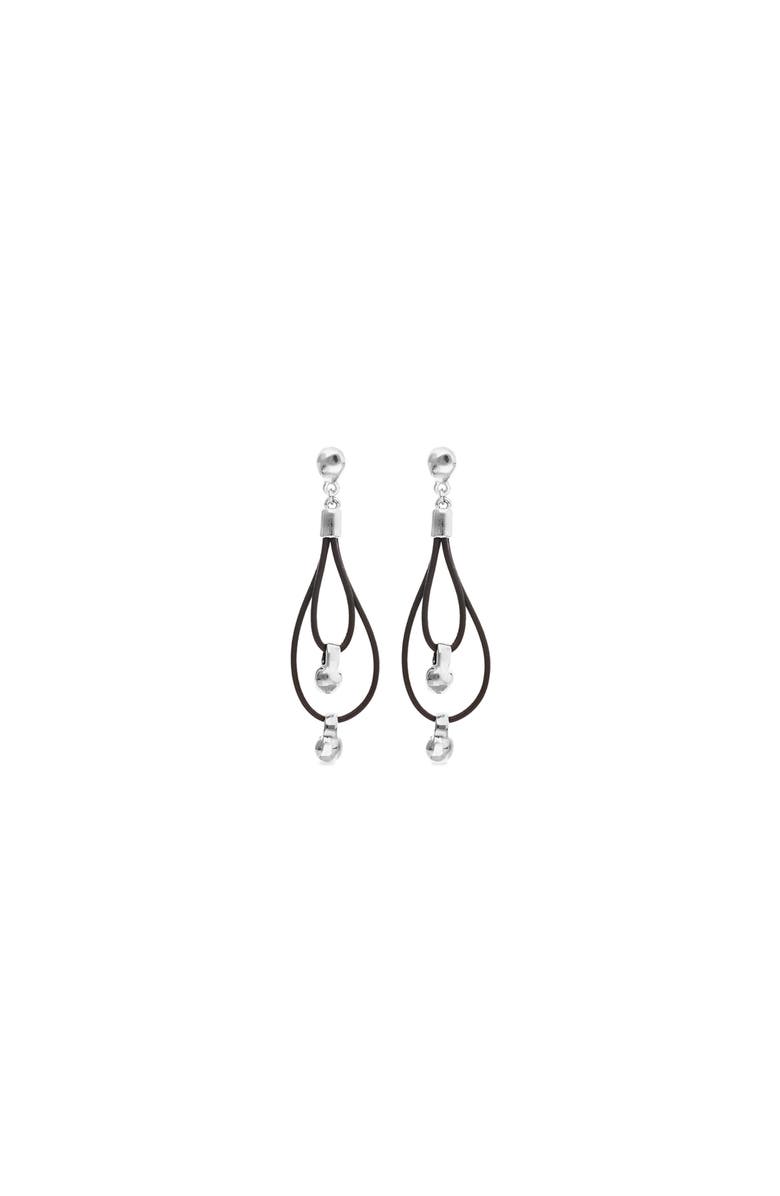 UNODE50 Double long leather earrings with sterling silver-plated dial detail, Alternate, color, Silver