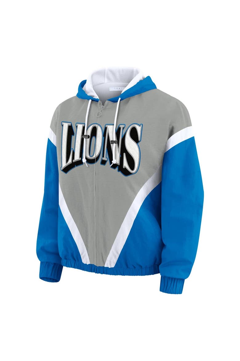 Women's WEAR by Erin Andrews Blue/Gray Detroit Lions Plus Size Retro Crinkle Full-Zip Hoodie Windbreaker Jacket, Alternate, color, Blue