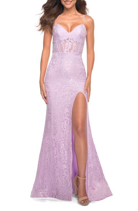 Neon Lace Prom Gown With Sheer Bodice and Tie Up Back