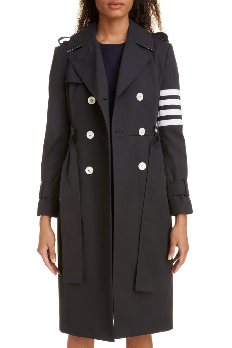 Stripe Sleeve Waterproof Trench Coat, Main, color, NAVY