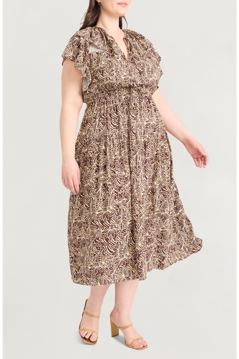 Ruffle Cap Sleeve Midi Dress, Alternate, color, BROWN/ IVORY
