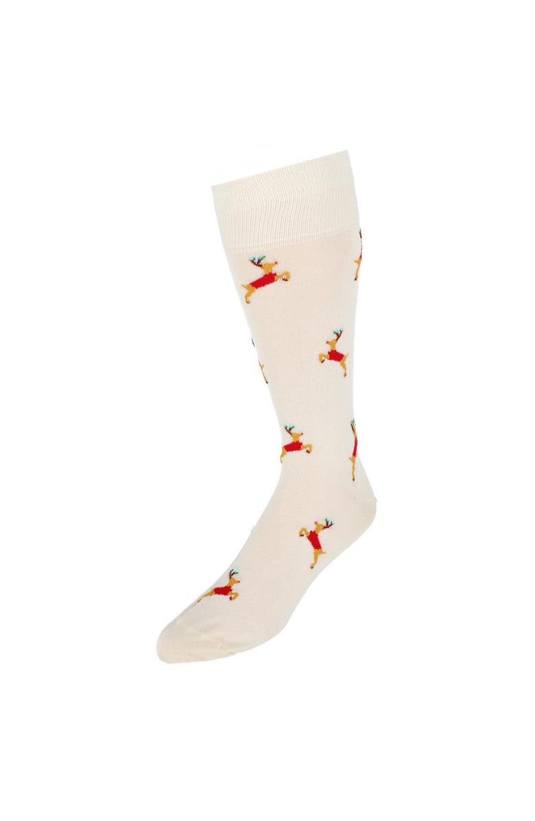 Trafalgar Flying Reindeer on Christmas Eve Novelty Mid Calf Mercerized Cotton Socks, Main, color, Cream