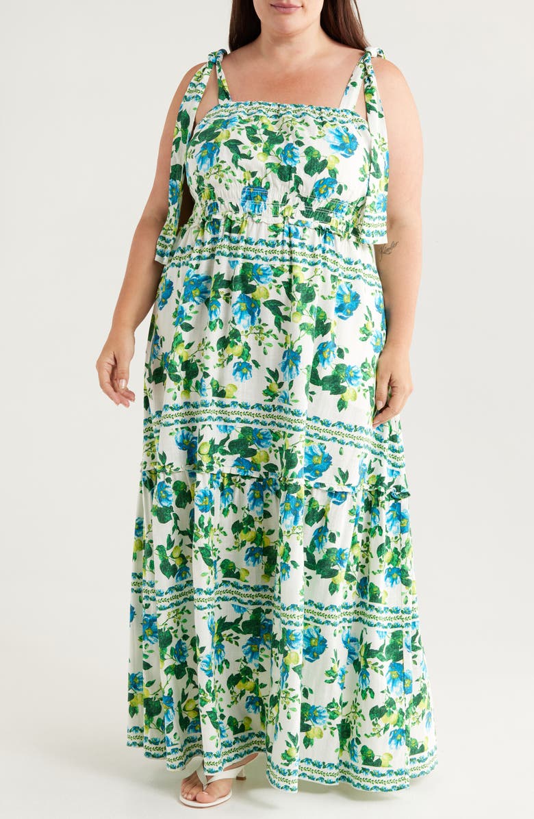 Chelsea28 Floral Print Tie Strap Maxi Sundress, Main, color, Ivory- Blue Sweet Fruit Border