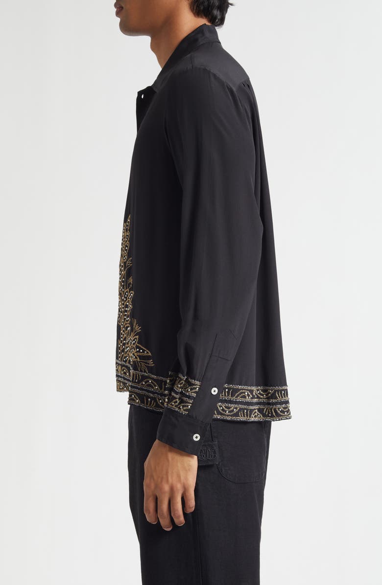 Bode Beaded Epoque Silk Button-Up Shirt, Alternate, color, Black