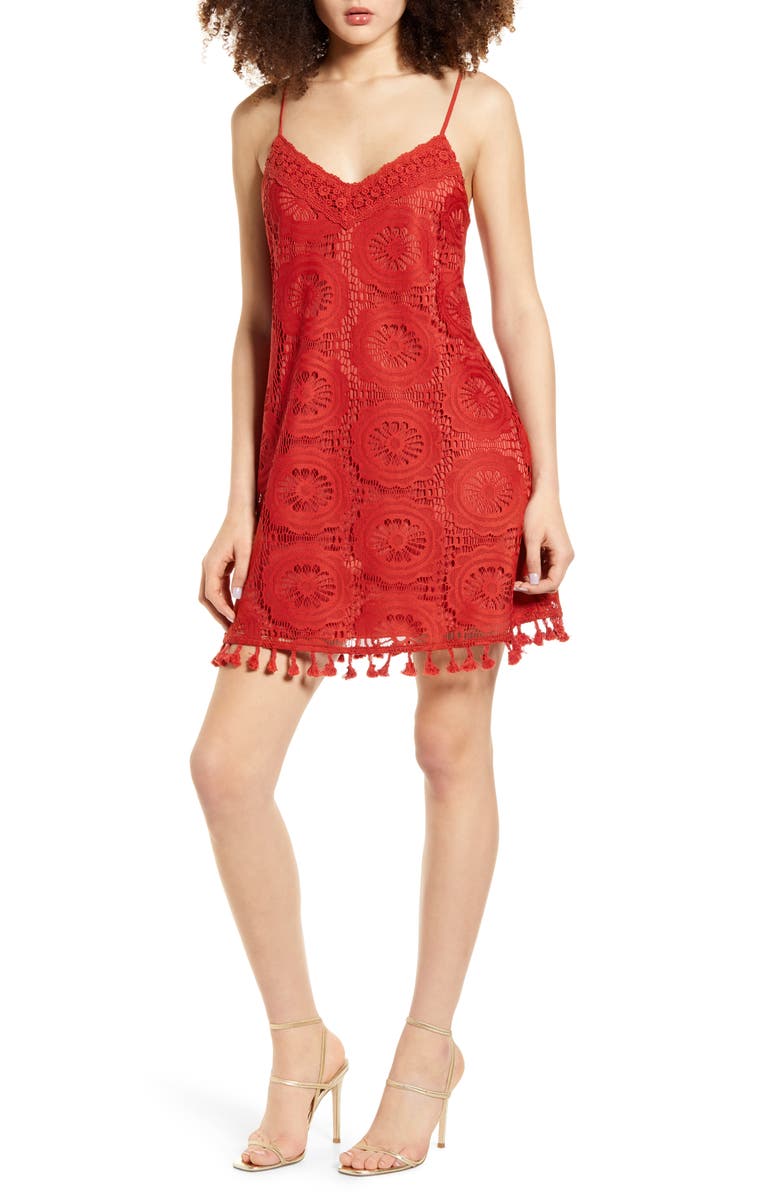 Speechless Tassel Trim Lace Slipdress, Main, color,