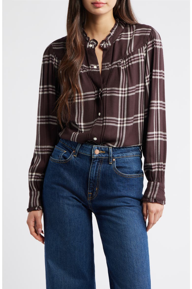 Alanna Ruffle Plaid Snap-Up Shirt, Main, color, CHOCOLATE NAPOLEON
