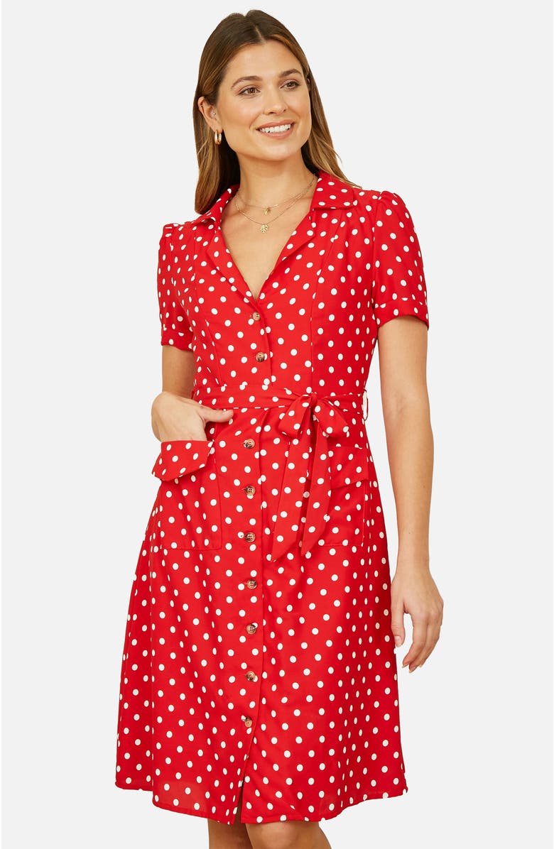 Yumi Retro Shirt Polka Dot Dress, Alternate, color, Red