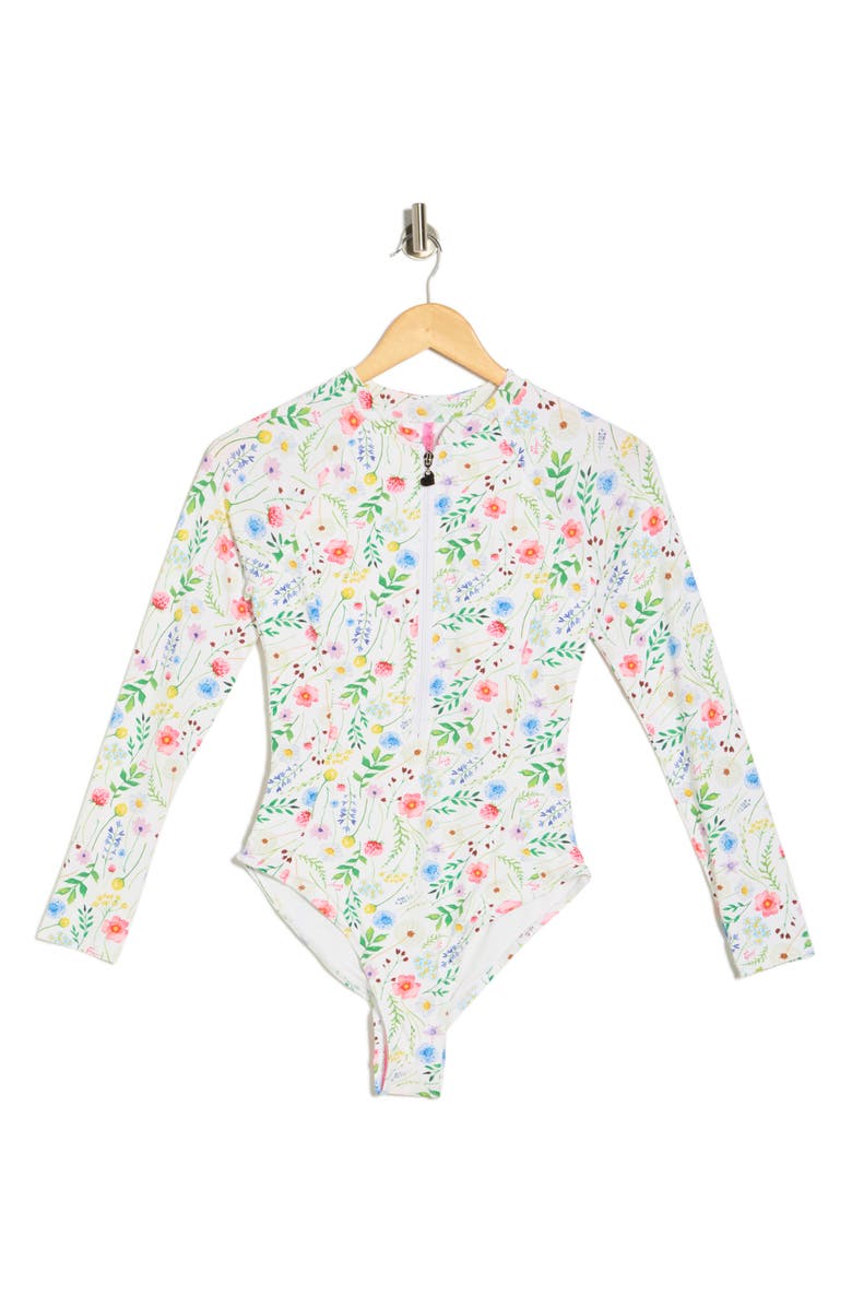 Betsey Johnson Long Sleeve One-Piece Scuba Zip Up Swimsuit, Alternate, color, Blossom