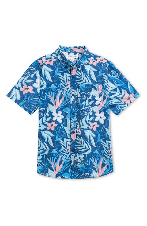 Kids' Fish Floral 4-Way Stretch Short Sleeve Button-Down Shirt (Little Kid & Big Kid)