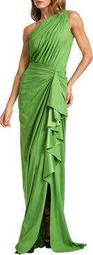 Tadashi Shoji One-Shoulder Side Ruffle Gown