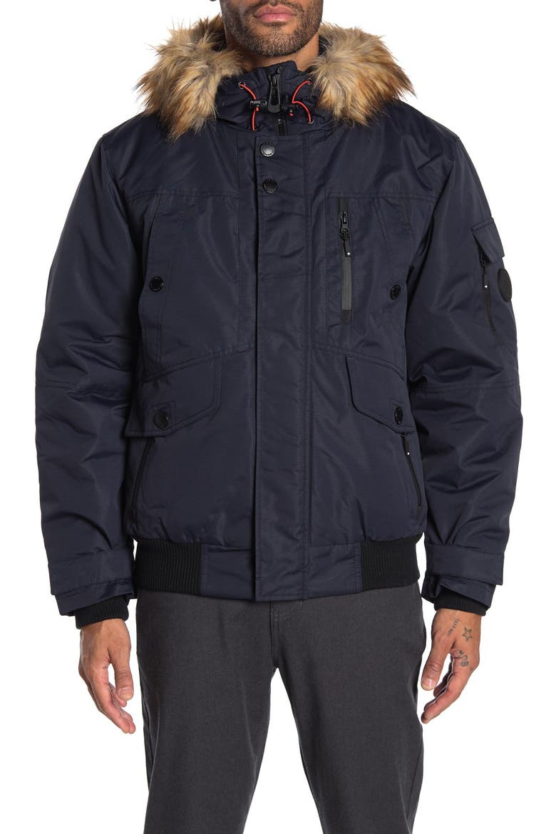 Faux Fur Hooded Bomber Jacket, Alternate, color, NAVY