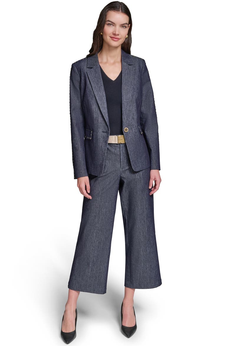 Pinstripe Stud Denim Blazer, Alternate, color, DARK WASH