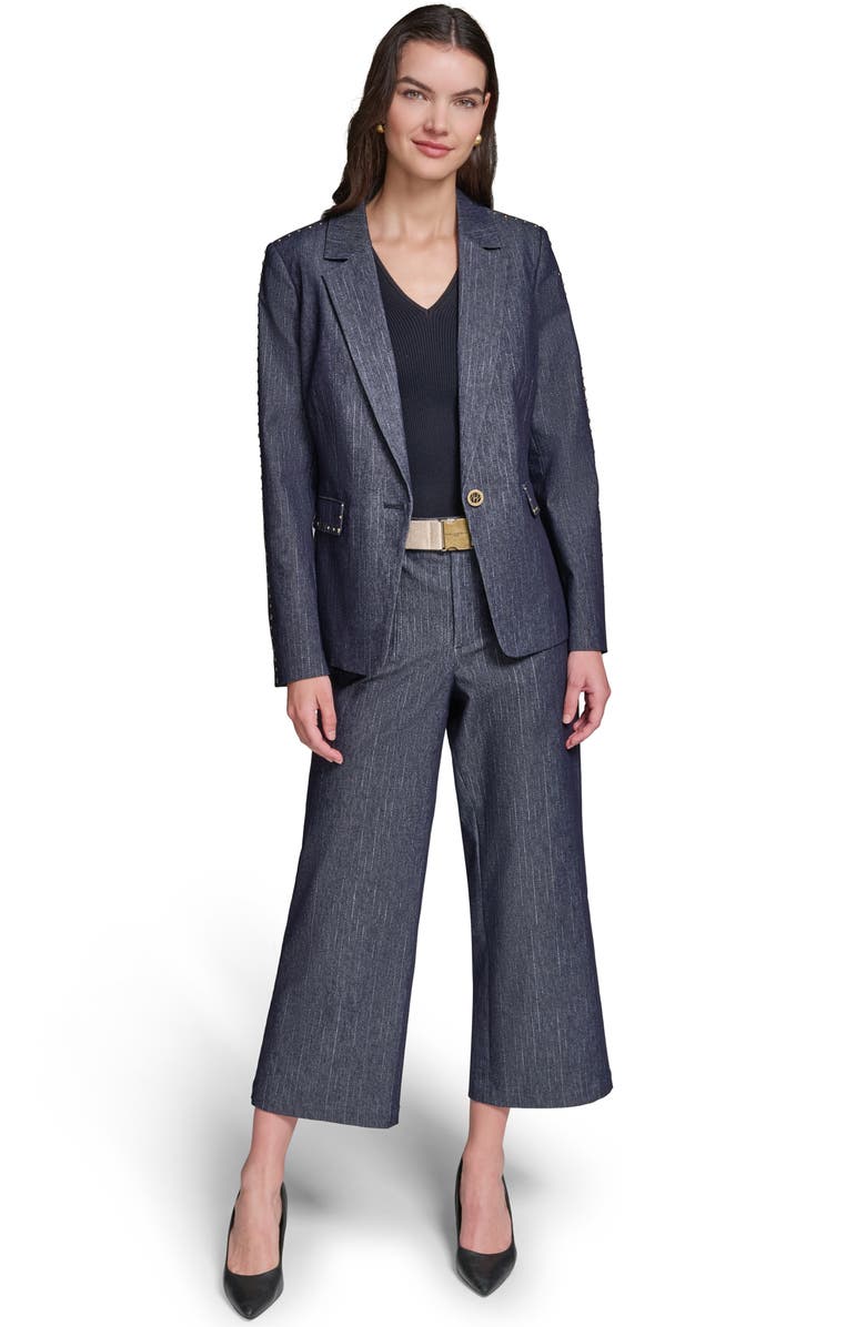 KARL LAGERFELD PARIS Pinstripe Stud Denim Blazer, Alternate, color, Dark Wash