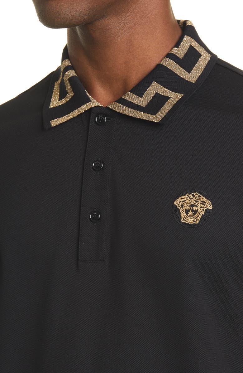 Versace Metallic Medusa Appliqué Cotton Polo Shirt, Alternate, color, 