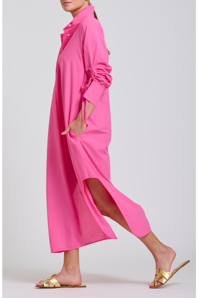 Gathered Long Sleeve Cotton Maxi Dress, Alternate, color, HOT PINK