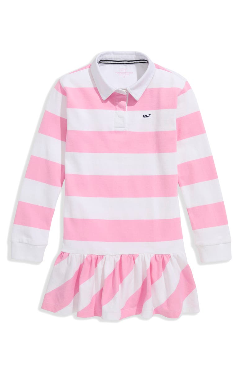 vineyard vines Kids' Stripe Long Sleeve Cotton Drop Waist Rugby Dress, Main, color, Stripe Cotton Candy