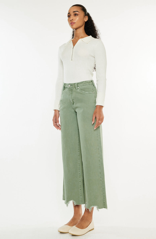 Kancan High Rise Cropped Wide Leg Jean In Olive In Green