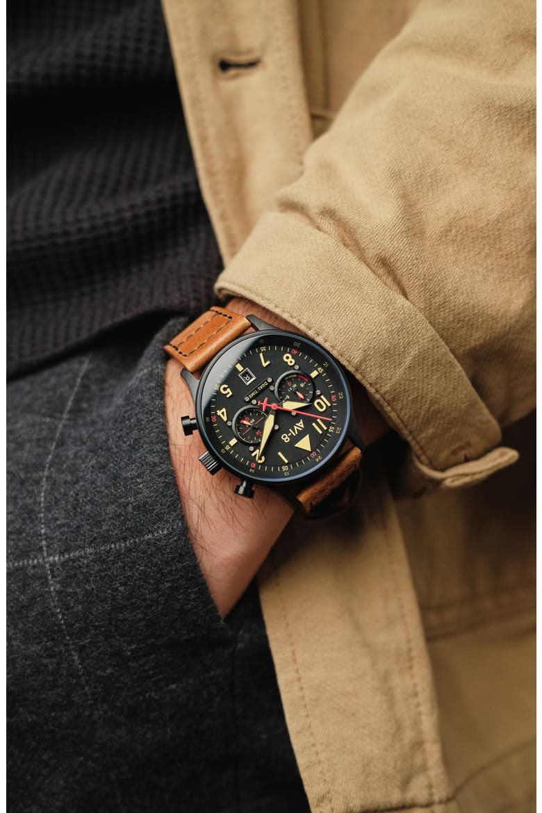 Hawker Hurricane Carey Chronograph Leather Strap Watch, 44mm, Alternate, color, BLACK