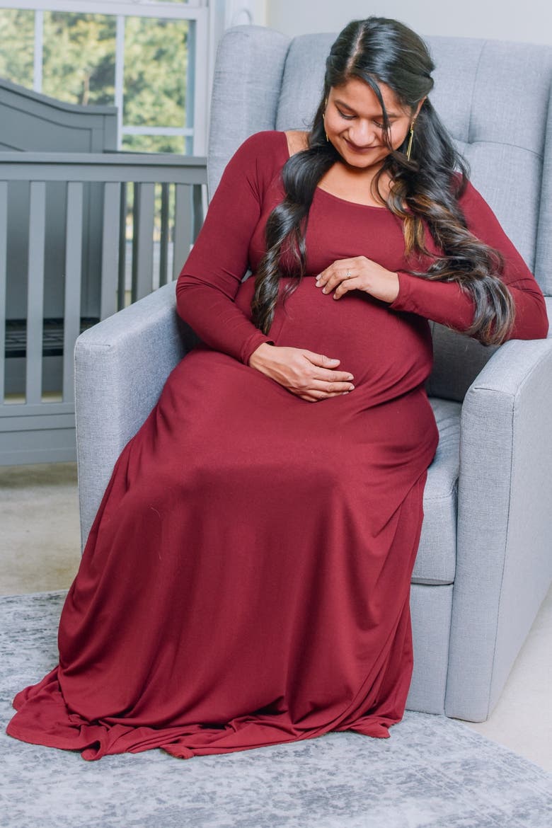 Solid Off Shoulder Maternity Maxi Dress, Alternate, color, Burgundy