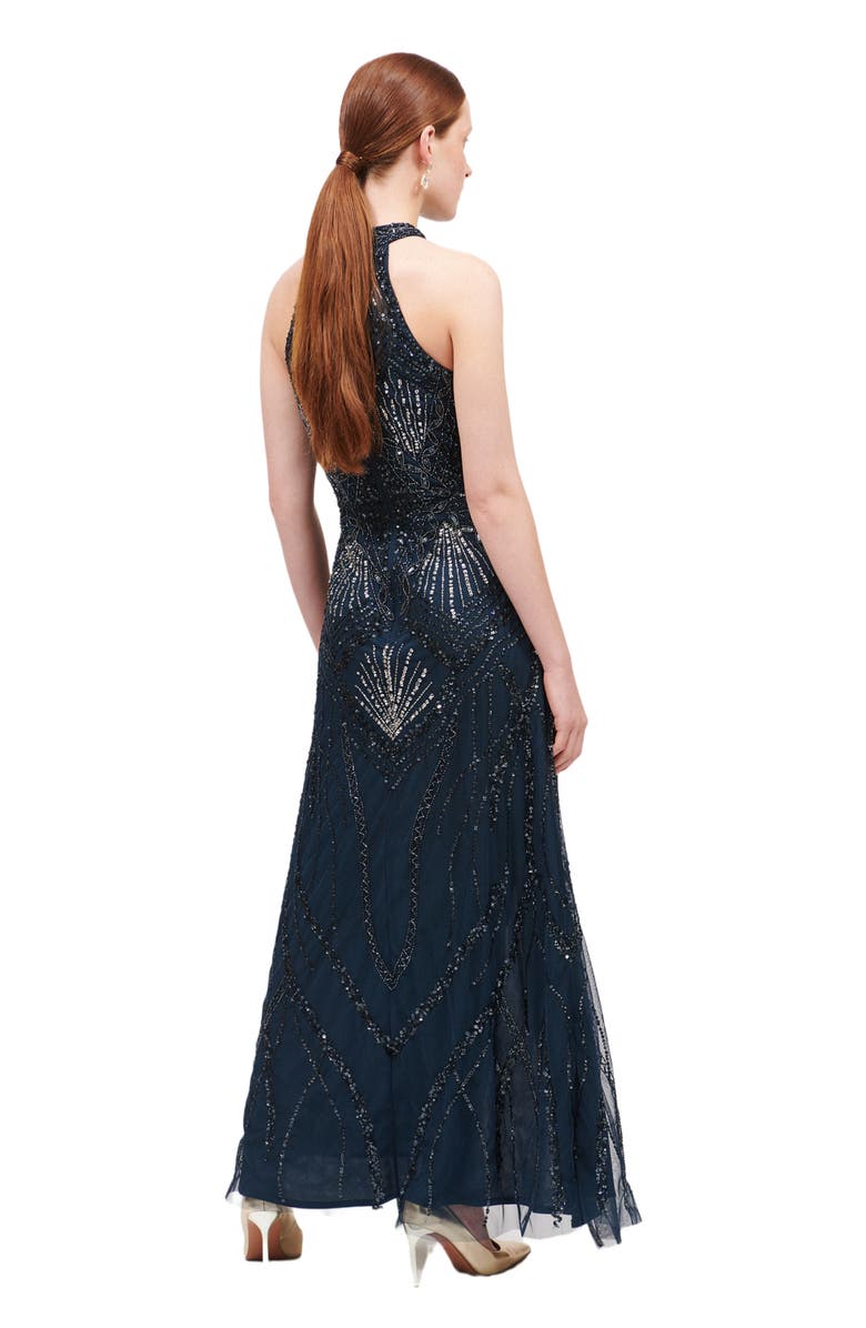 BEAUUT Occasion Embellished Sequin Beaded Halter Neck Evening Maxi Dress, Alternate, color, Navy