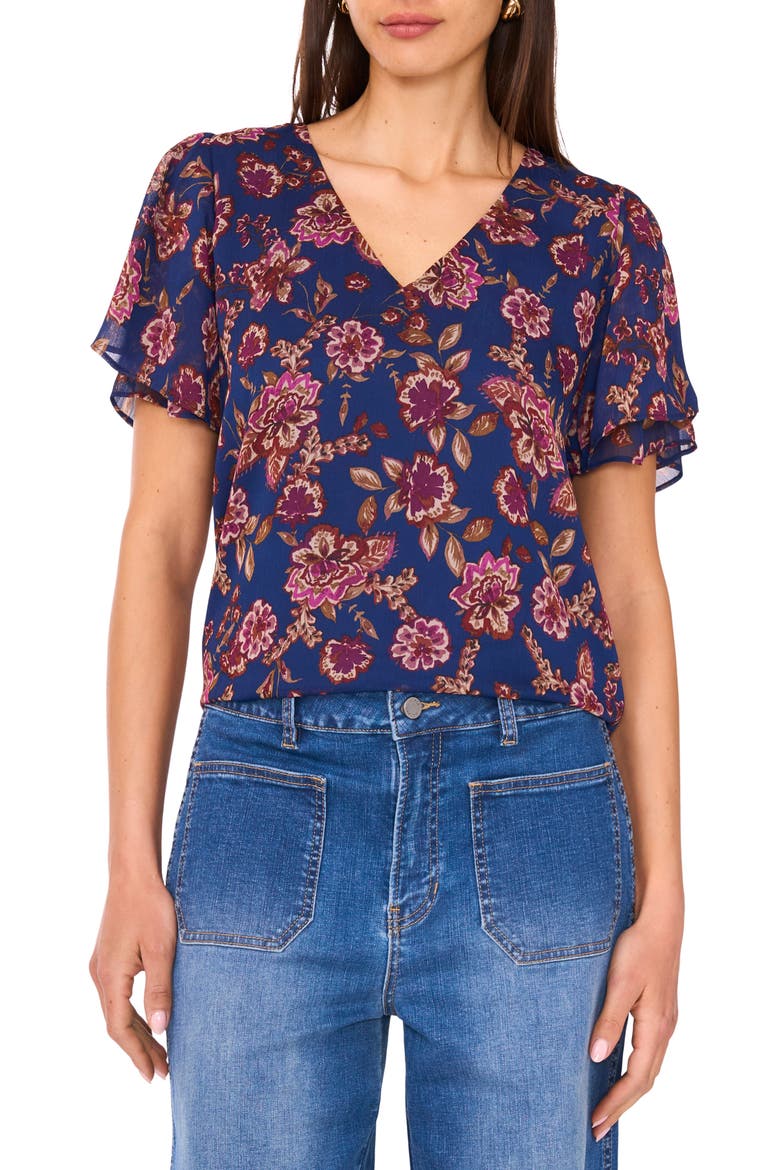 Floral Ruffle Sleeve Top, Main, color, DEEP SKY