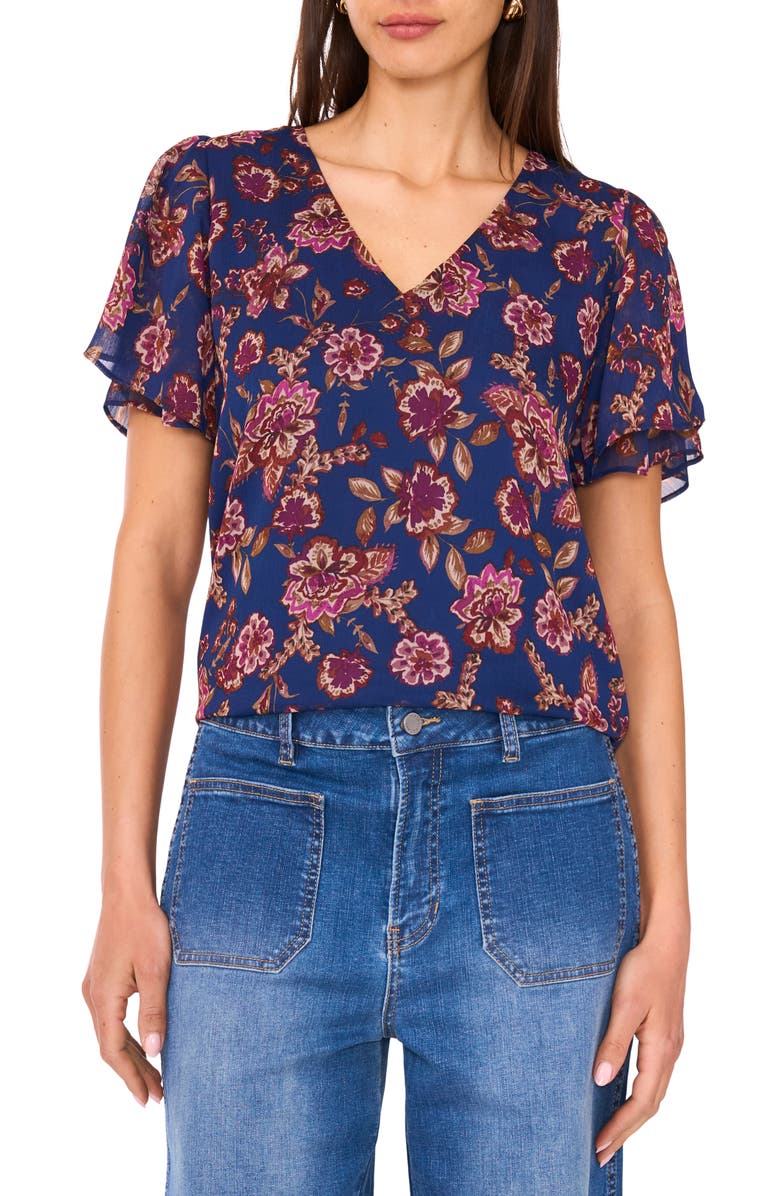 Vince Camuto Floral Ruffle Sleeve Top, Main, color, Deep Sky