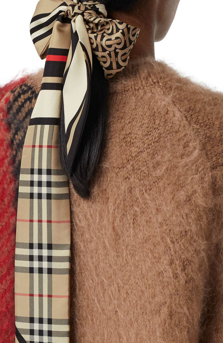 Burberry Monogram, Icon Stripe & Check Silk Skinny Scarf, Alternate, color, Archive Beige