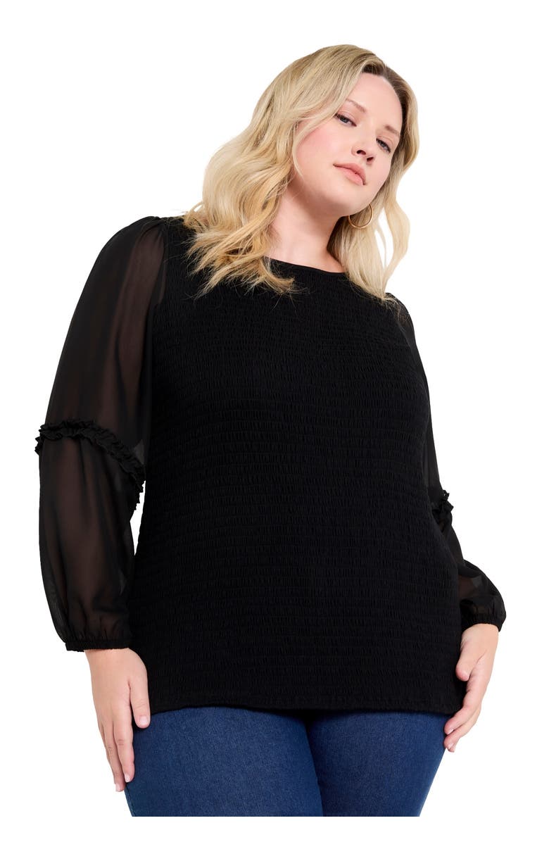 June + Vie Puff-Sleeve Smocked Blouse, Main, color, Black Onyx