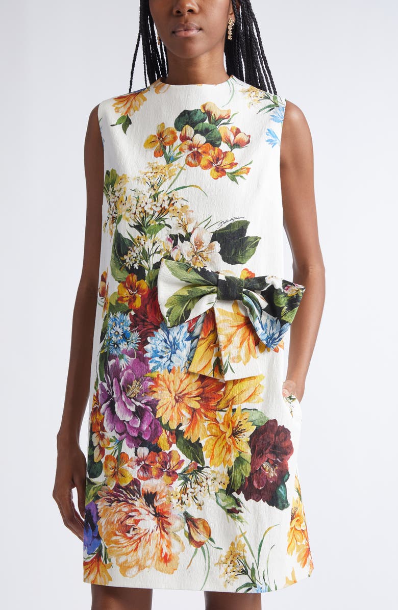 Dolce&Gabbana Flower Bouquet Print Bow Front Minidress, Alternate, color, Ha5pc B.fiori Cret. F.bco