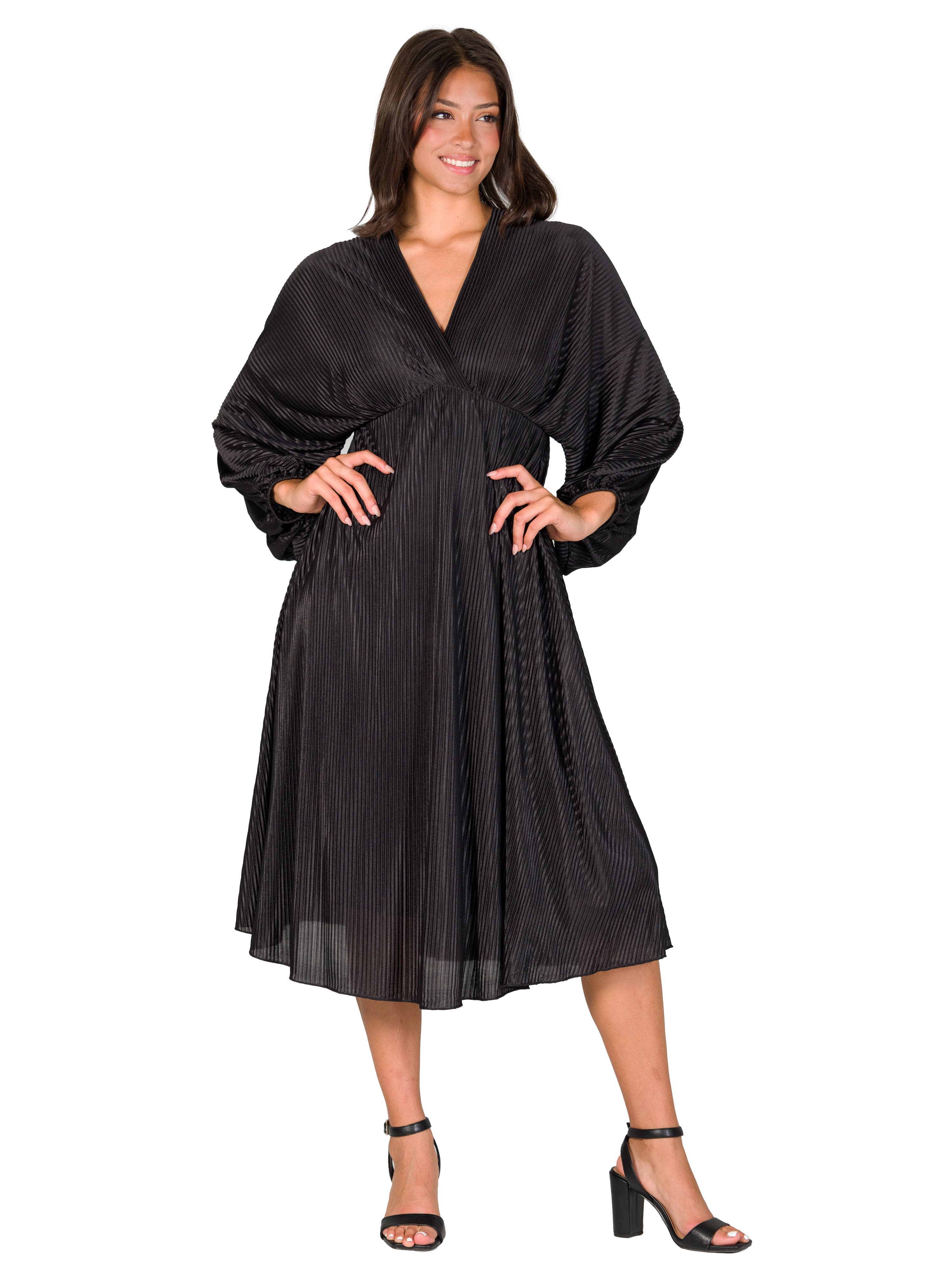 24seven Comfort Apparel Shimmer Pleated V-neck Empire Waist Bishop Sleeve Midi Dress