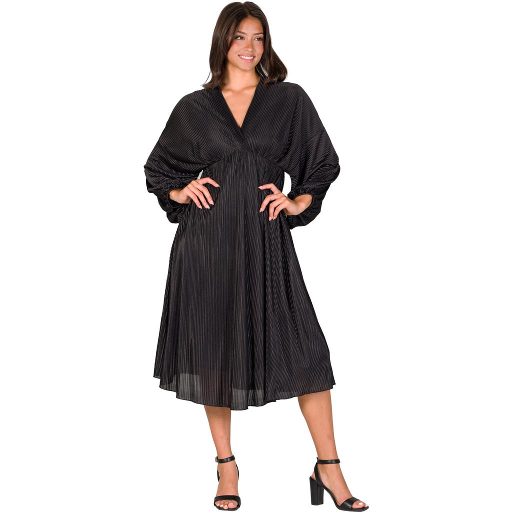 24seven Comfort Apparel Shimmer Pleated V-neck Empire Waist Bishop Sleeve Midi Dress 24seven Comfort Apparel Shimmer Pleated V-neck Empire Waist Bishop Sleeve Midi Dress