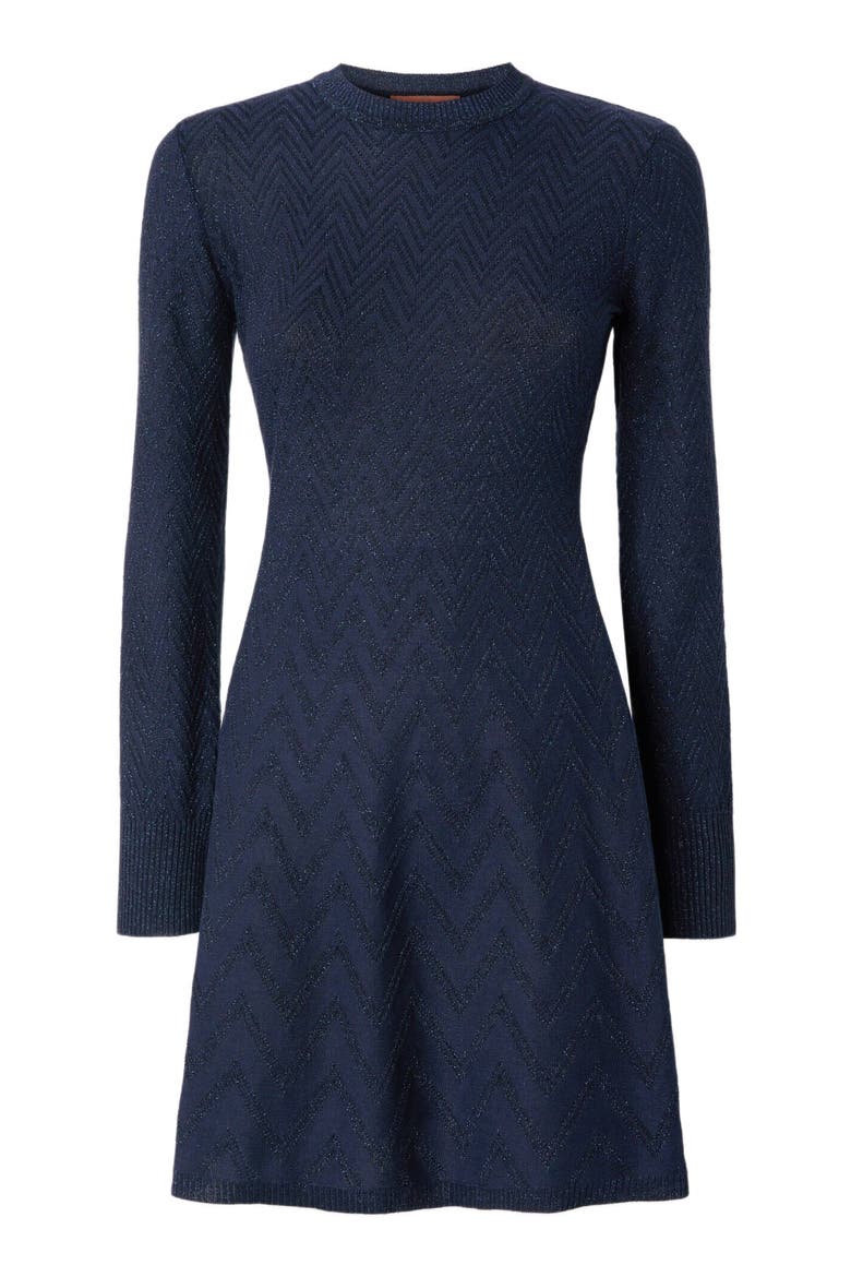 Women's Short Flared Dress With Long Sleeves And Jacquard Detailing, Alternate, color, Blue