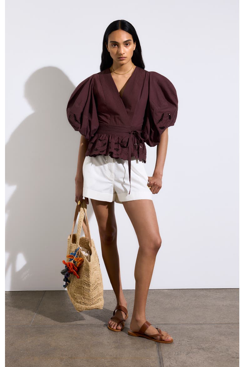 Gunner Embroidered V-Neck Wrap Blouse, Alternate, color, Chocolat