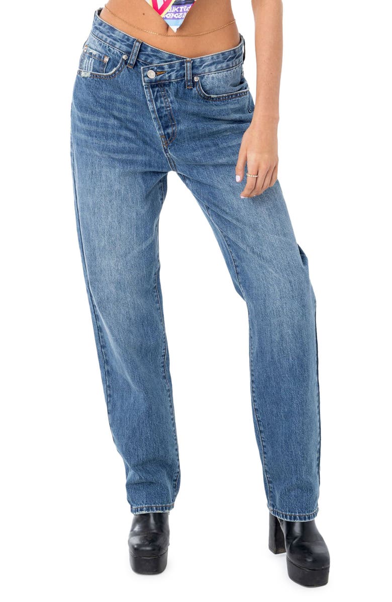 EDIKTED Crossover Boyfriend Jeans, Main, color, Blue