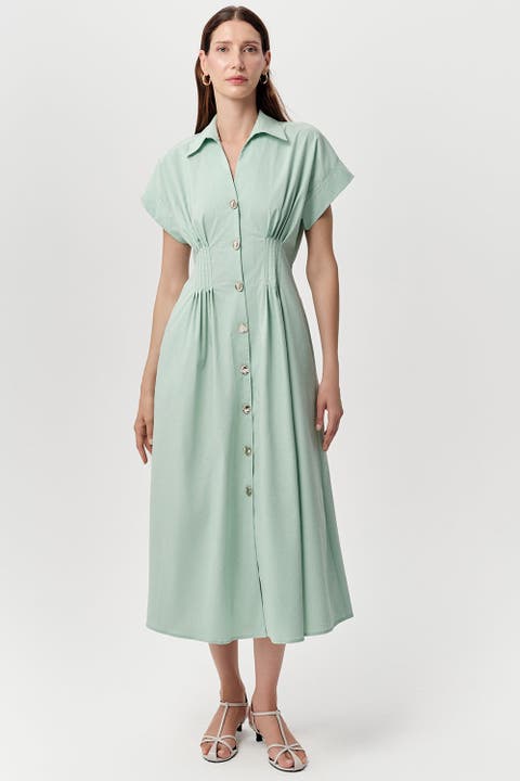Reilly Shirt Collar Elastic Waist Midi Dress