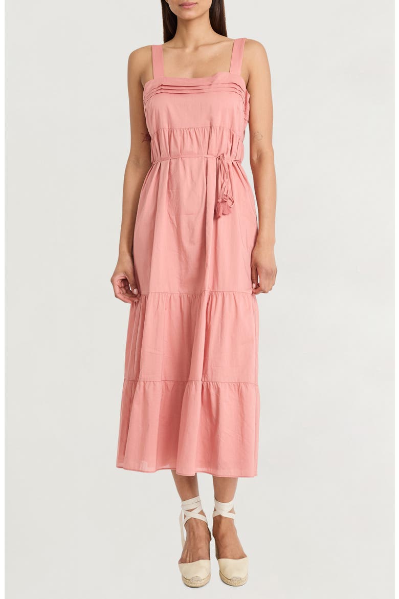 Tiered Tie Waist Midi Dress, Main, color, DESERT SAND